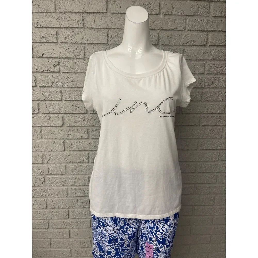 INC International Concepts White Rhinestone Short Sleeve T-Shirt Size L